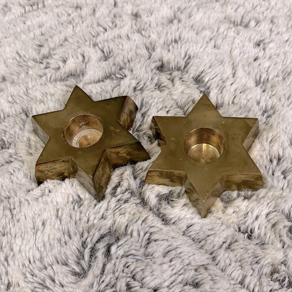 Vintage Brass STAR of DAVID Candle Stick Holders 6 point star Hexagram 2 qty